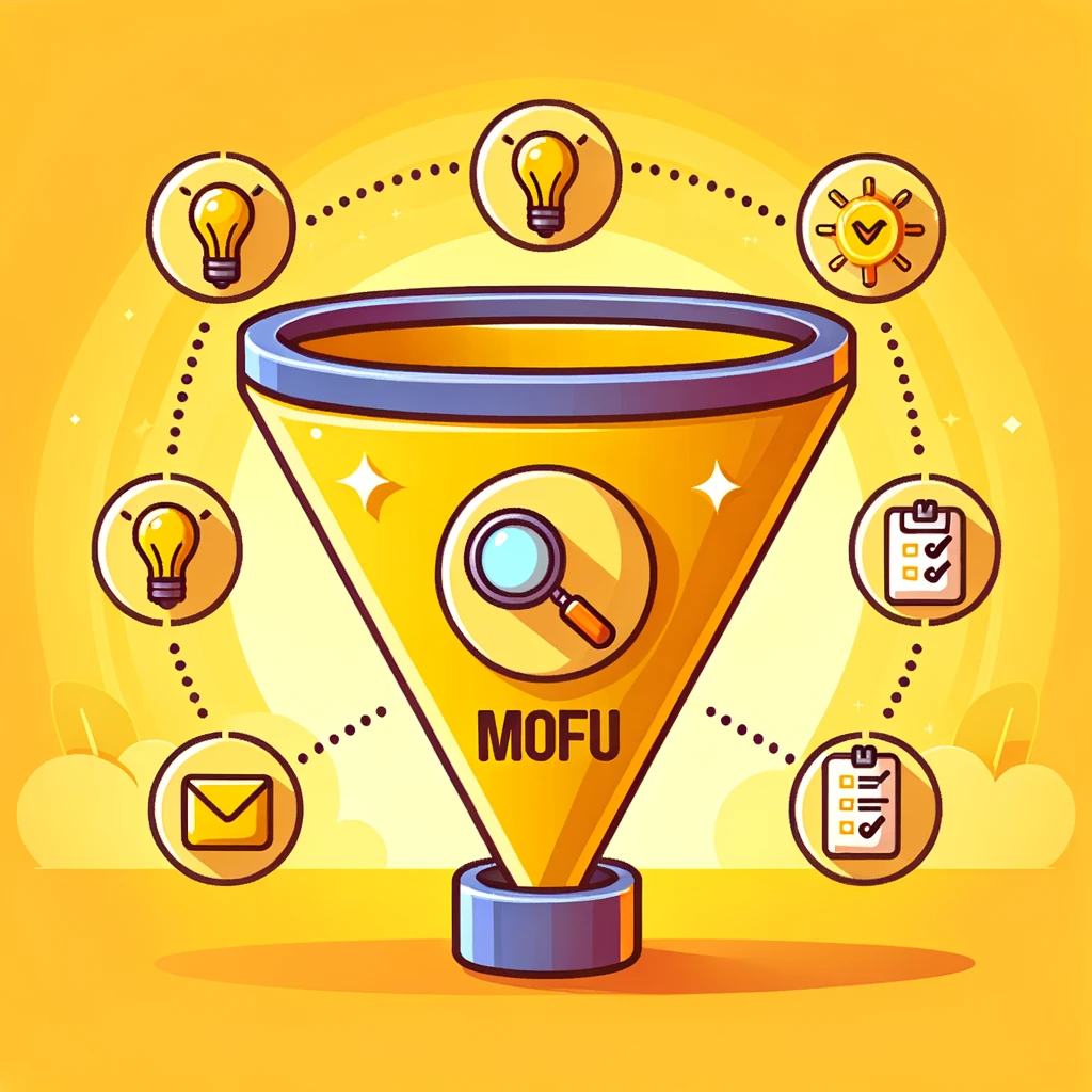 DALL·E 2023 10 26 17.20.54 Illustration of a standalone MoFu funnel segment. Its colored yellow and features icons like magnifying glasses light bulbs and checklists showc